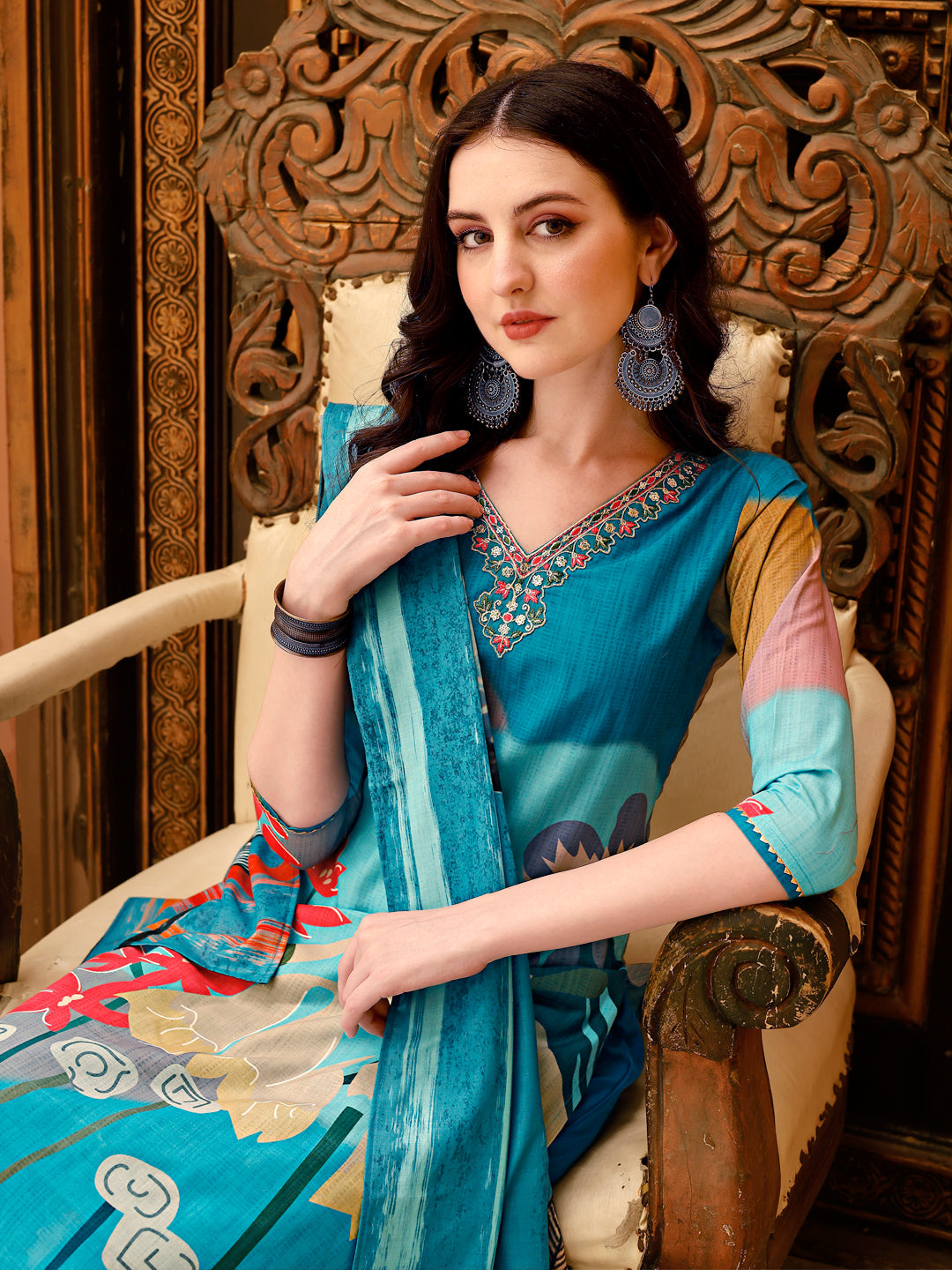 Embroidered & Floral Printed Kurta With Pant & Printed Dupatta, Multicolor - Hiral Fashion