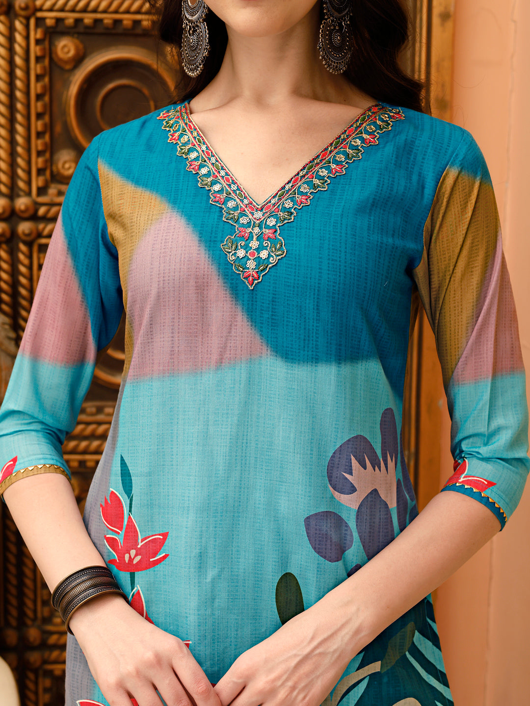 Embroidered & Floral Printed Kurta With Pant & Printed Dupatta, Multicolor - Hiral Fashion