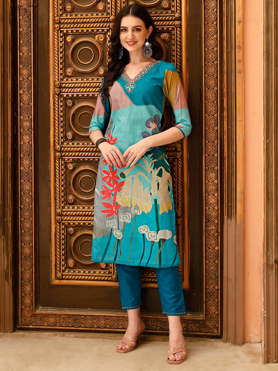 Embroidered & Floral Printed Kurta With Pant & Printed Dupatta, Multicolor - Hiral Fashion