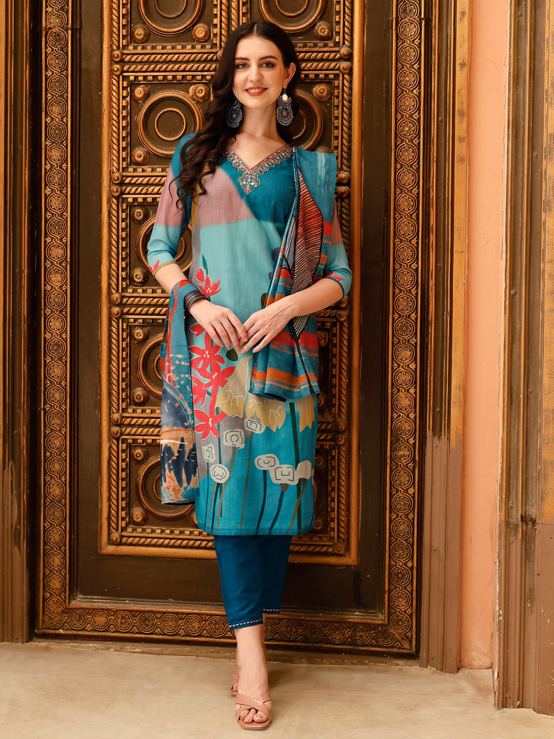 Embroidered & Floral Printed Kurta With Pant & Printed Dupatta, Multicolor - Hiral Fashion