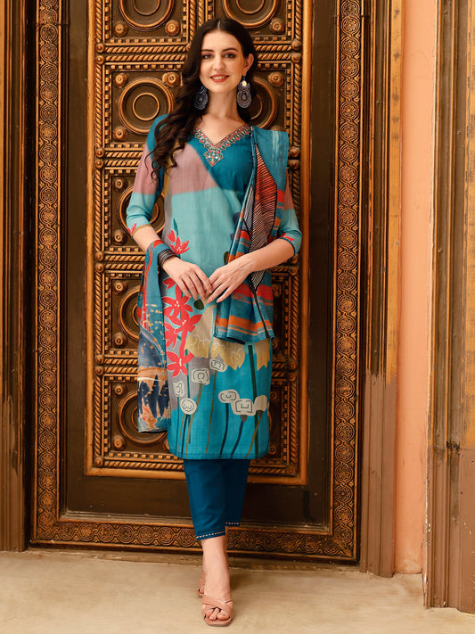 Embroidered & Floral Printed Kurta With Pant & Printed Dupatta, Multicolor - Hiral Fashion