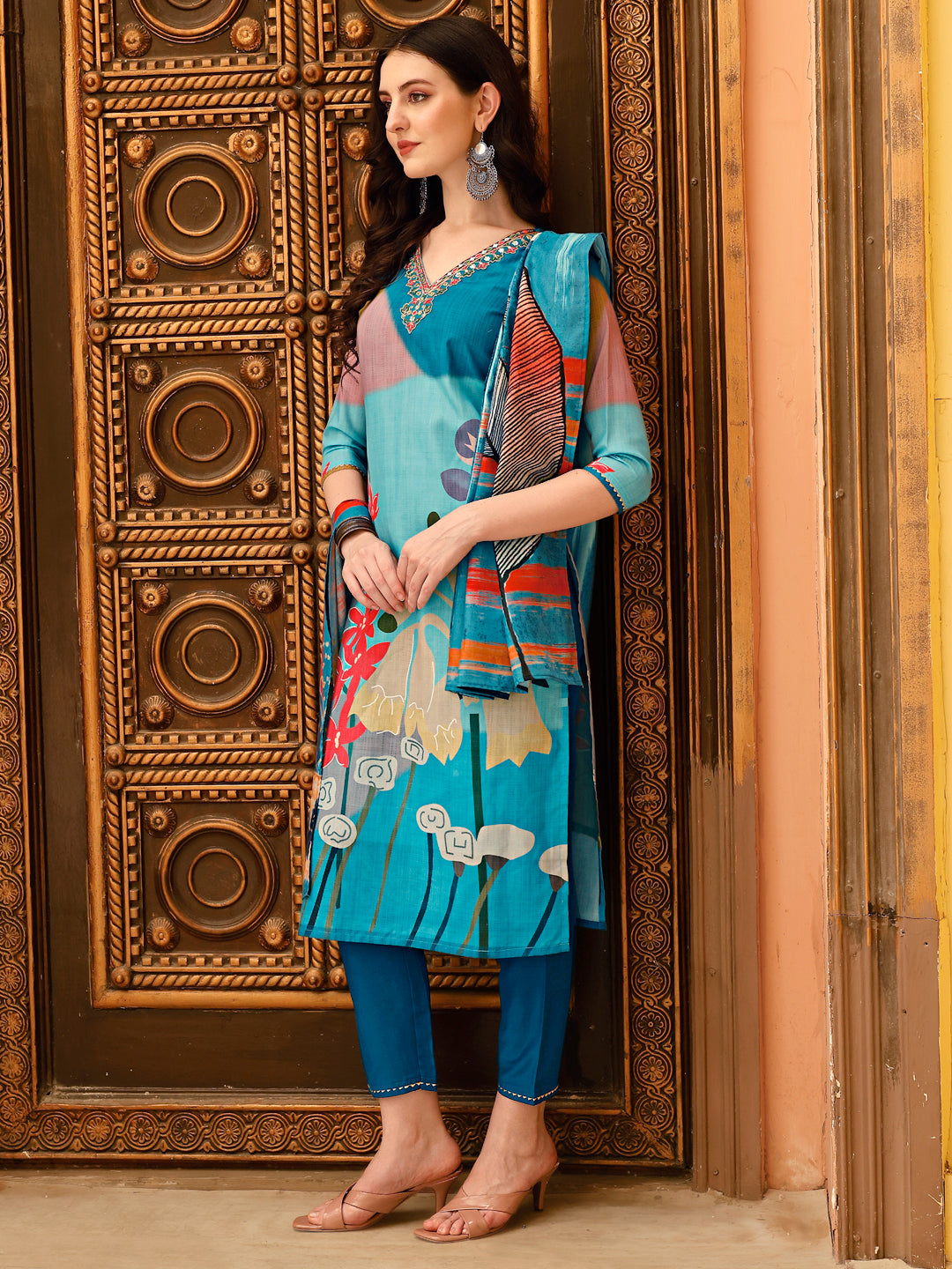 Embroidered & Floral Printed Kurta With Pant & Printed Dupatta, Multicolor - Hiral Fashion