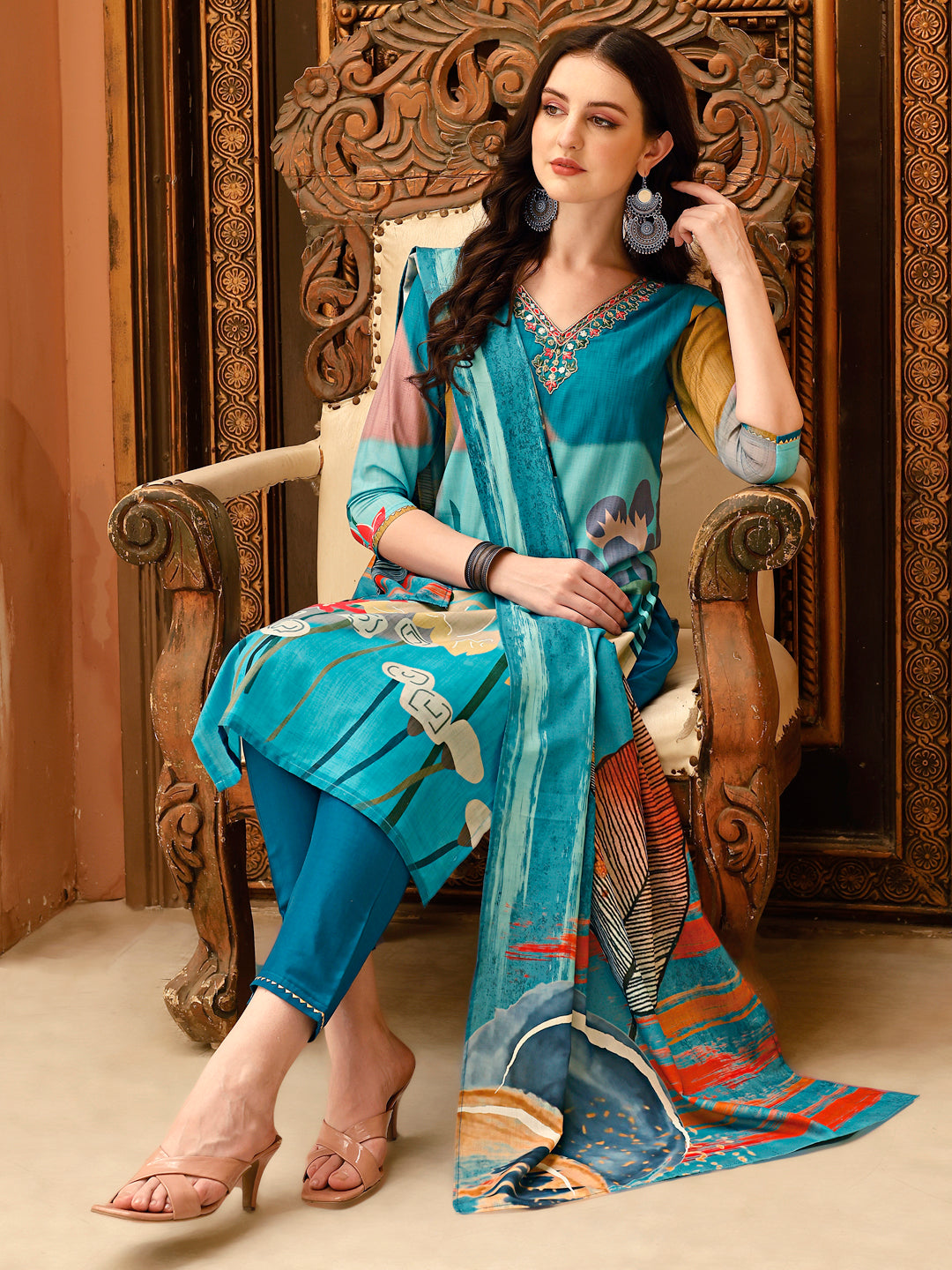 Embroidered & Floral Printed Kurta With Pant & Printed Dupatta, Multicolor - Hiral Fashion
