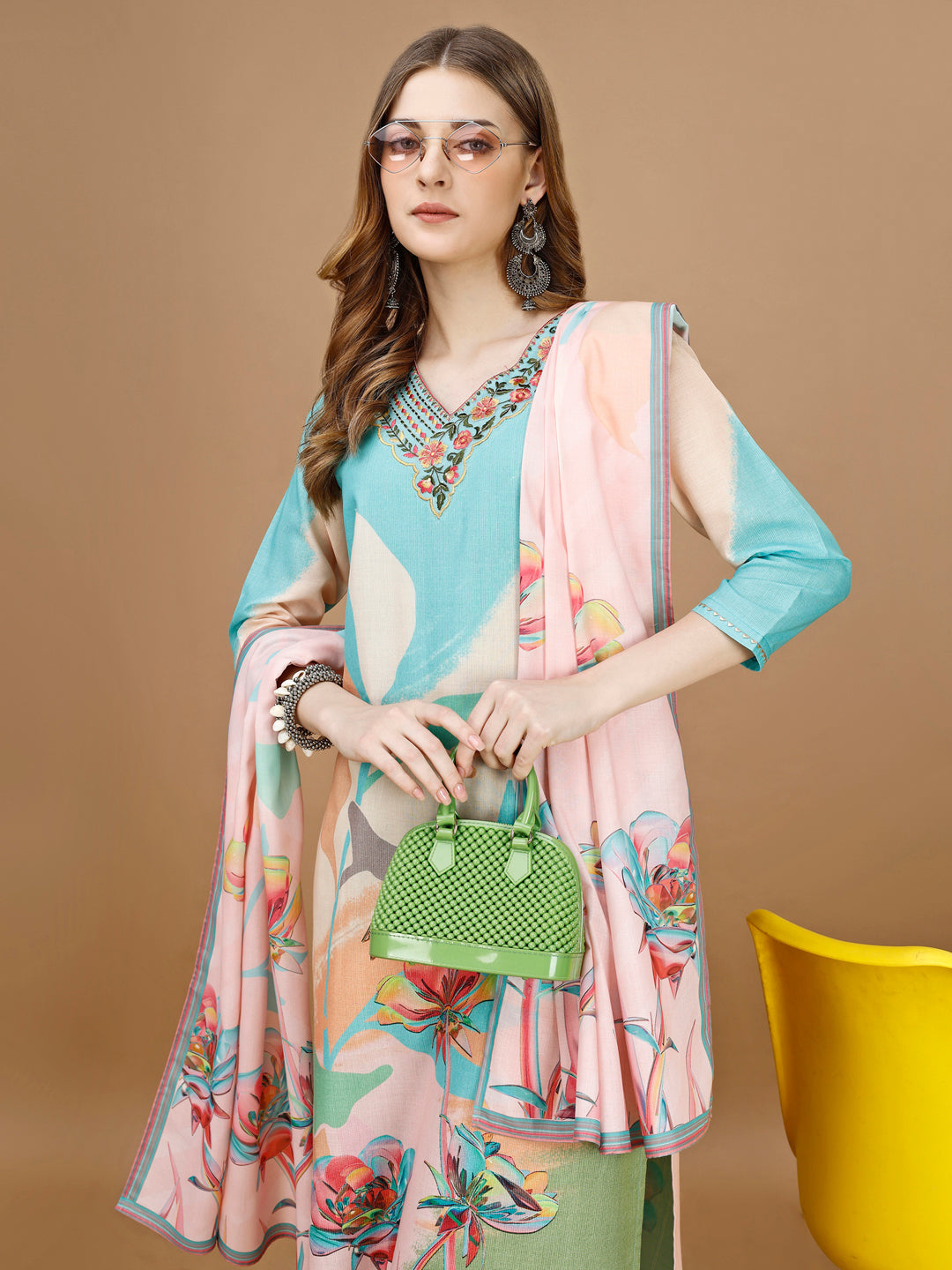 Embroidered & Floral Printed Kurta With Pant & Printed Dupatta Premium, Multicolor - Hiral Fashion
