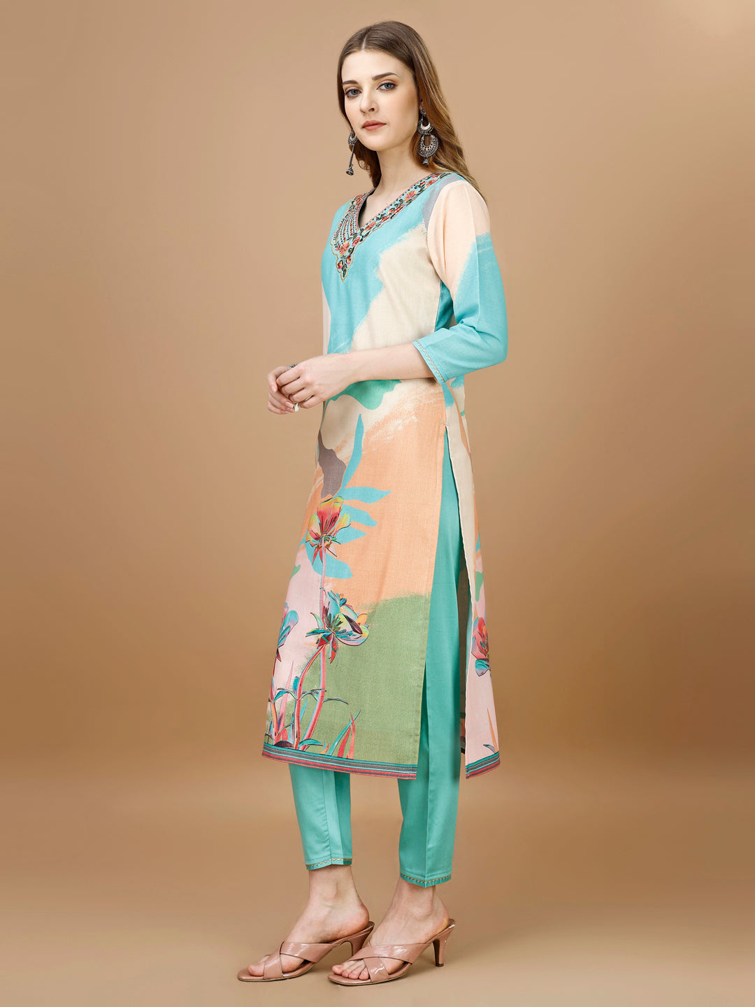Embroidered & Floral Printed Kurta With Pant & Printed Dupatta Premium, Multicolor - Hiral Fashion