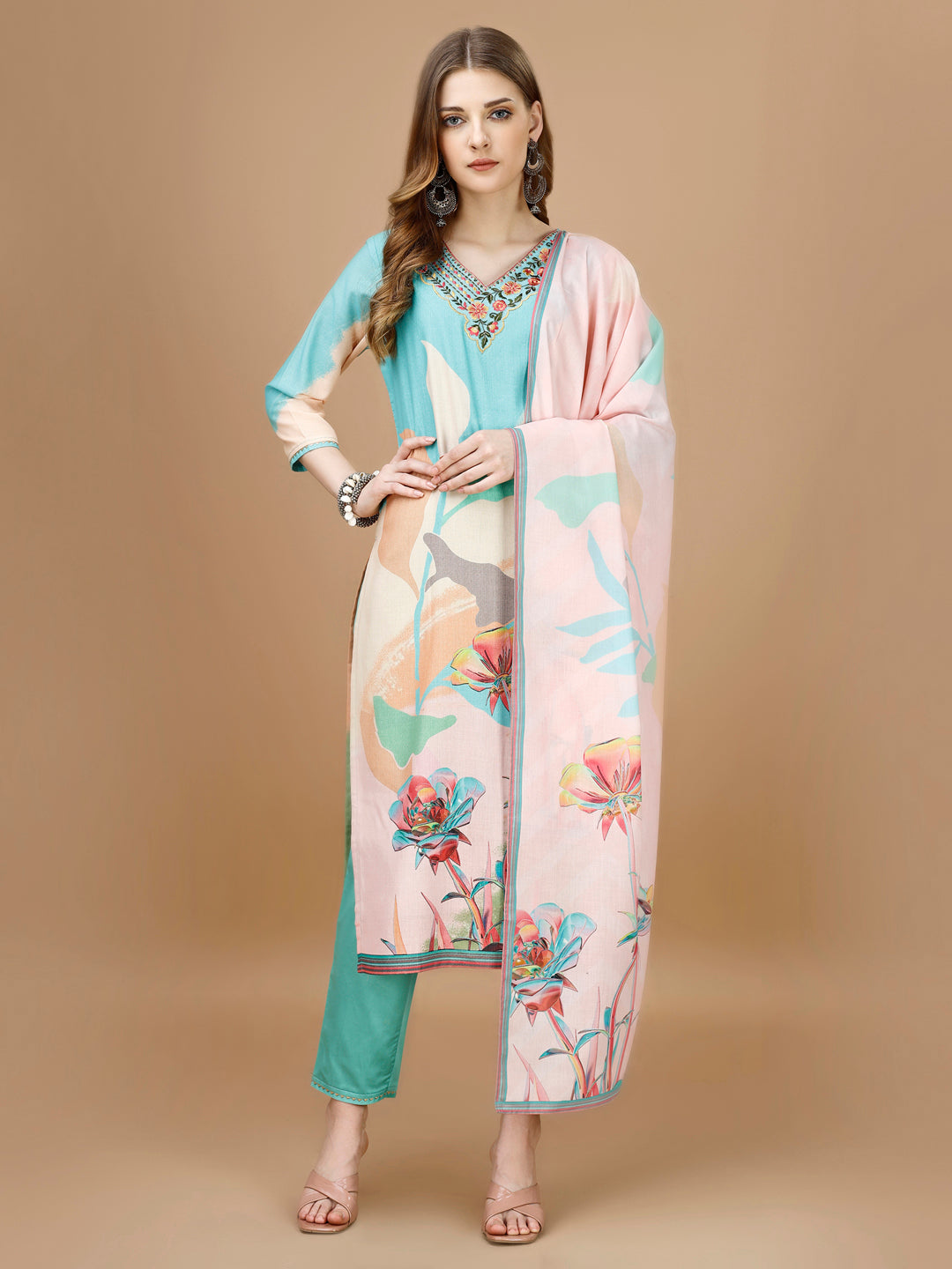 Embroidered & Floral Printed Kurta With Pant & Printed Dupatta Premium, Multicolor - Hiral Fashion