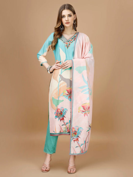 Embroidered & Floral Printed Kurta With Pant & Printed Dupatta Premium, Multicolor - Hiral Fashion