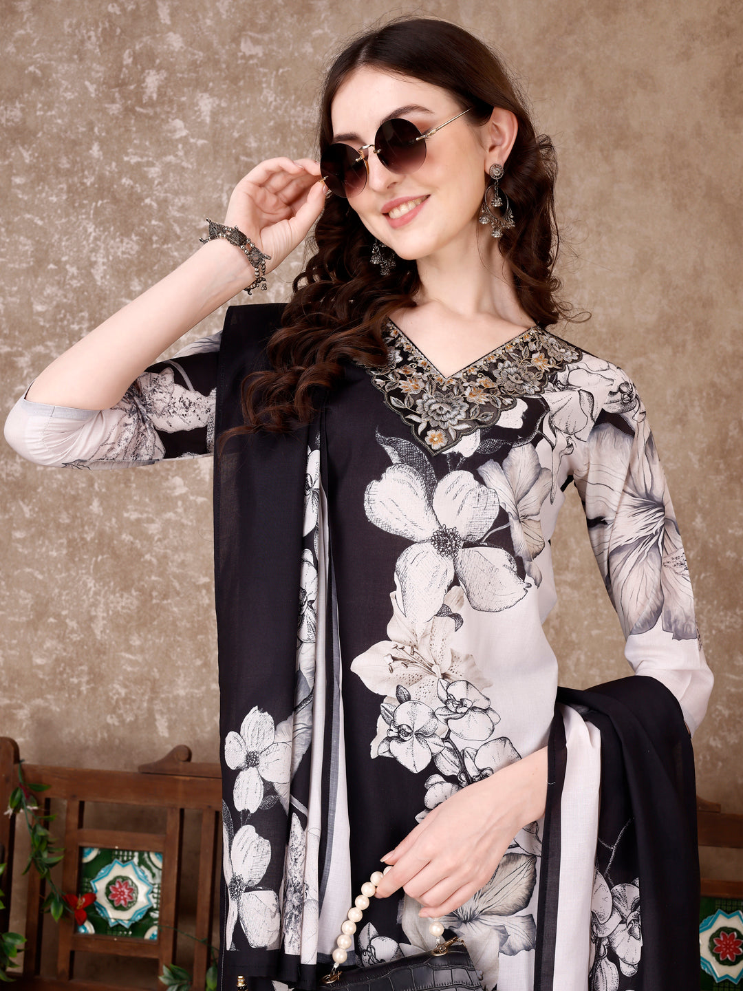 Embroidered & Floral Printed Kurta With Pant & Printed Dupatta Premium, Black - Hiral Fashion