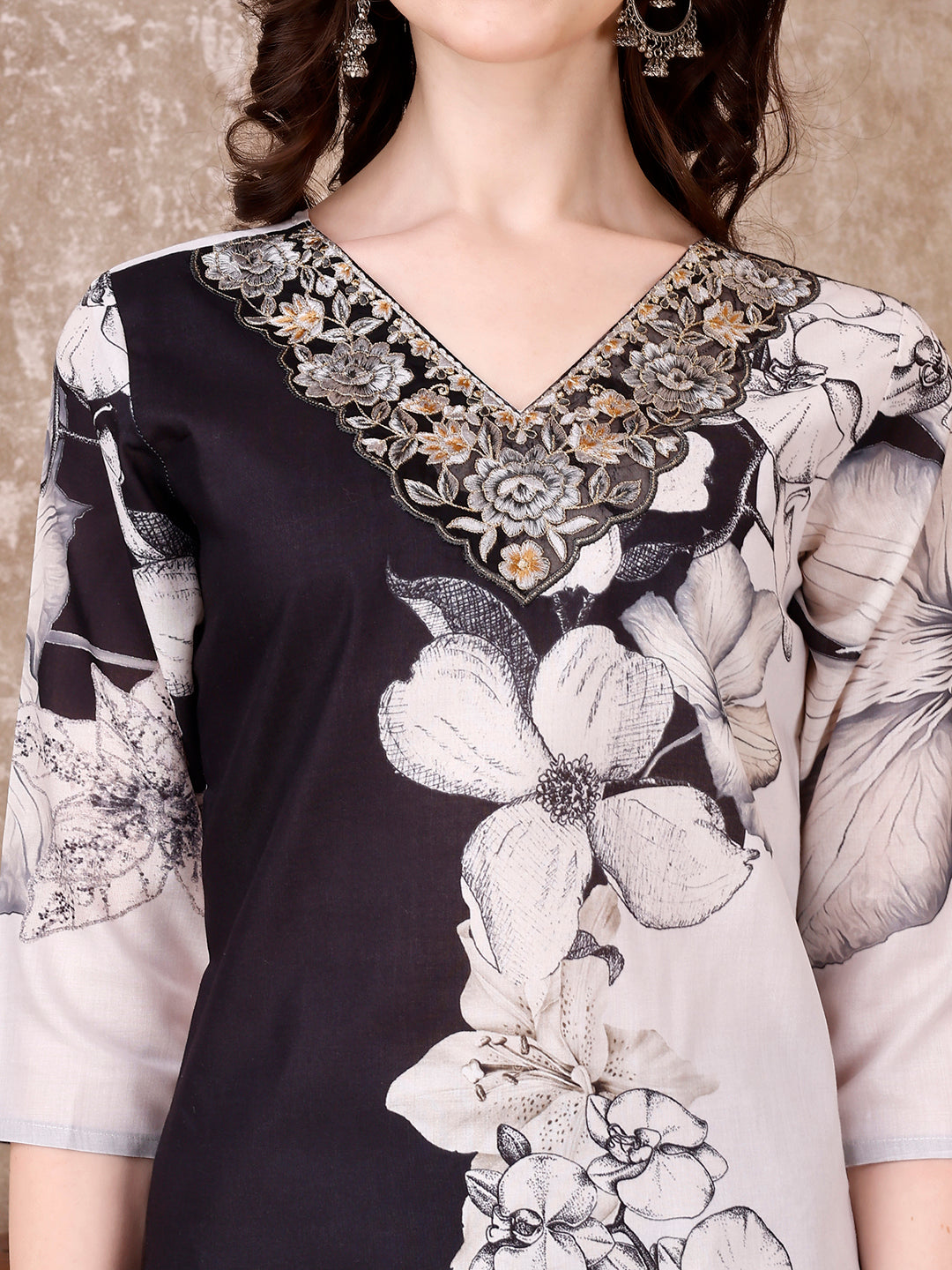 Embroidered & Floral Printed Kurta With Pant & Printed Dupatta Premium, Black - Hiral Fashion