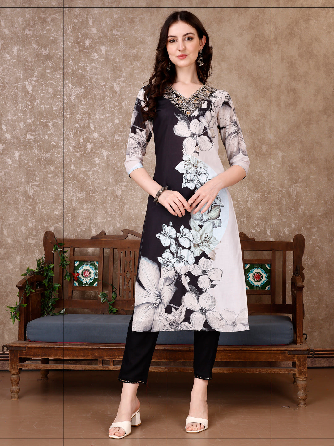Embroidered & Floral Printed Kurta With Pant & Printed Dupatta Premium, Black - Hiral Fashion