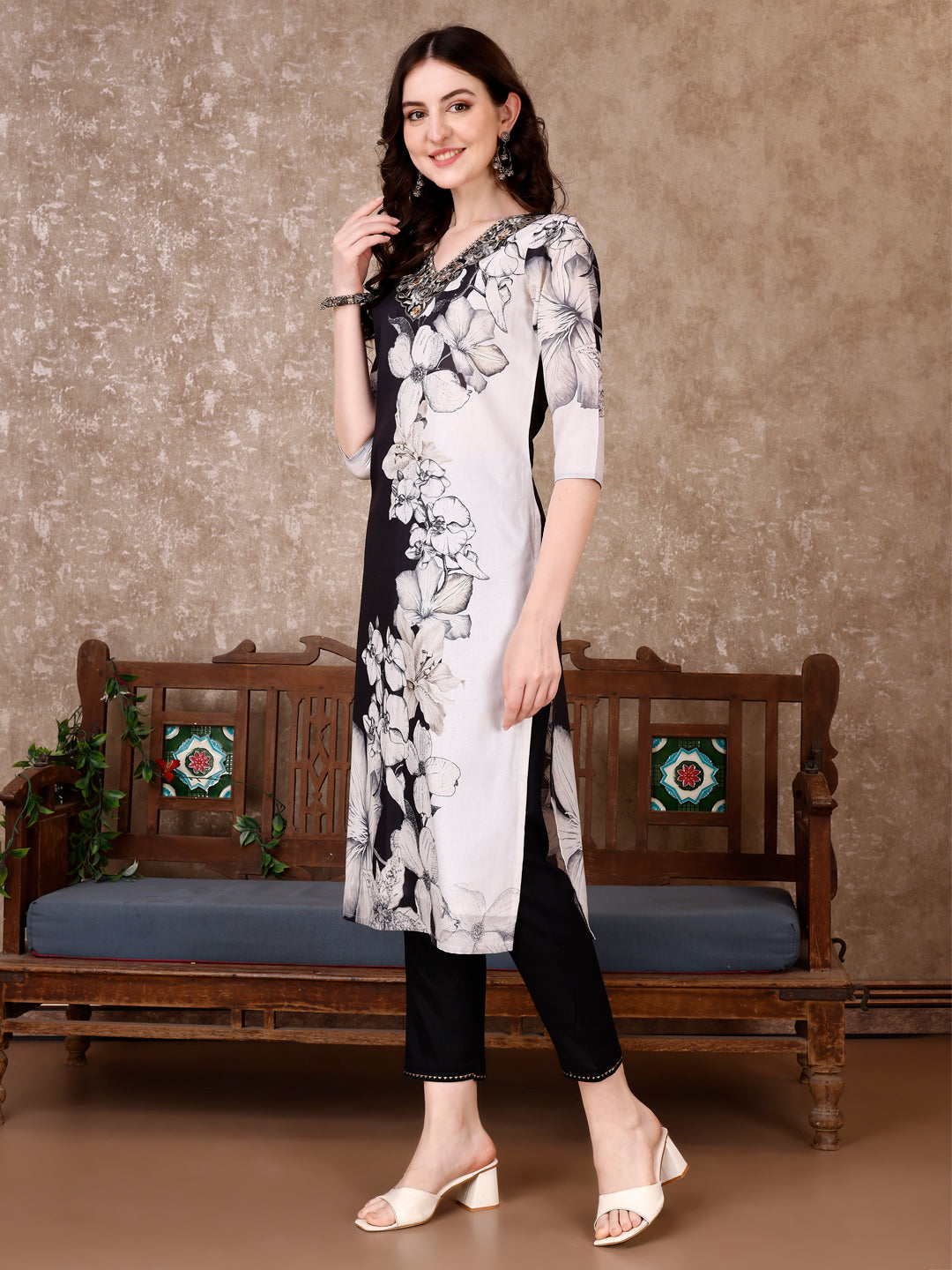 Embroidered & Floral Printed Kurta With Pant & Printed Dupatta Premium, Black - Hiral Fashion