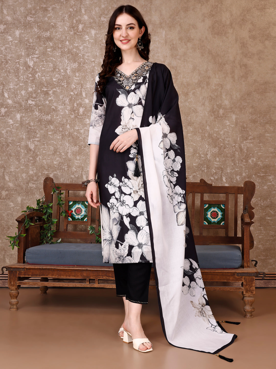 Embroidered & Floral Printed Kurta With Pant & Printed Dupatta Premium, Black - Hiral Fashion