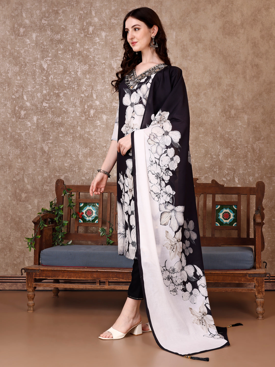 Embroidered & Floral Printed Kurta With Pant & Printed Dupatta Premium, Black - Hiral Fashion