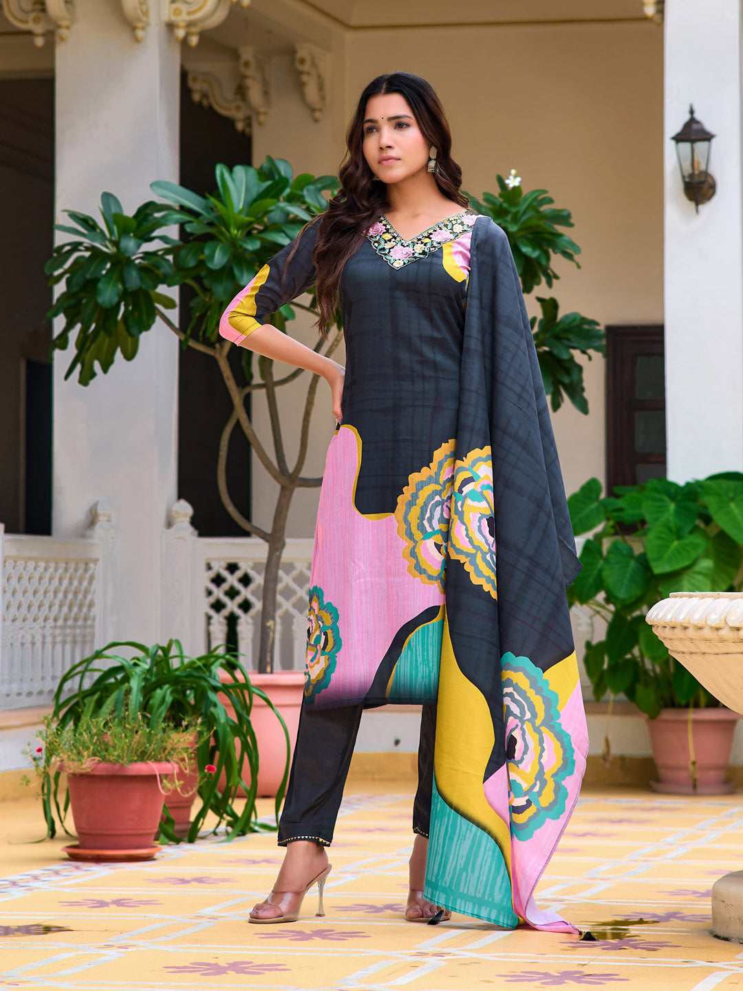 Embroidered & Floral Printed Kurta With Pant & Printed Dupatta, Lavender - Hiral Fashion