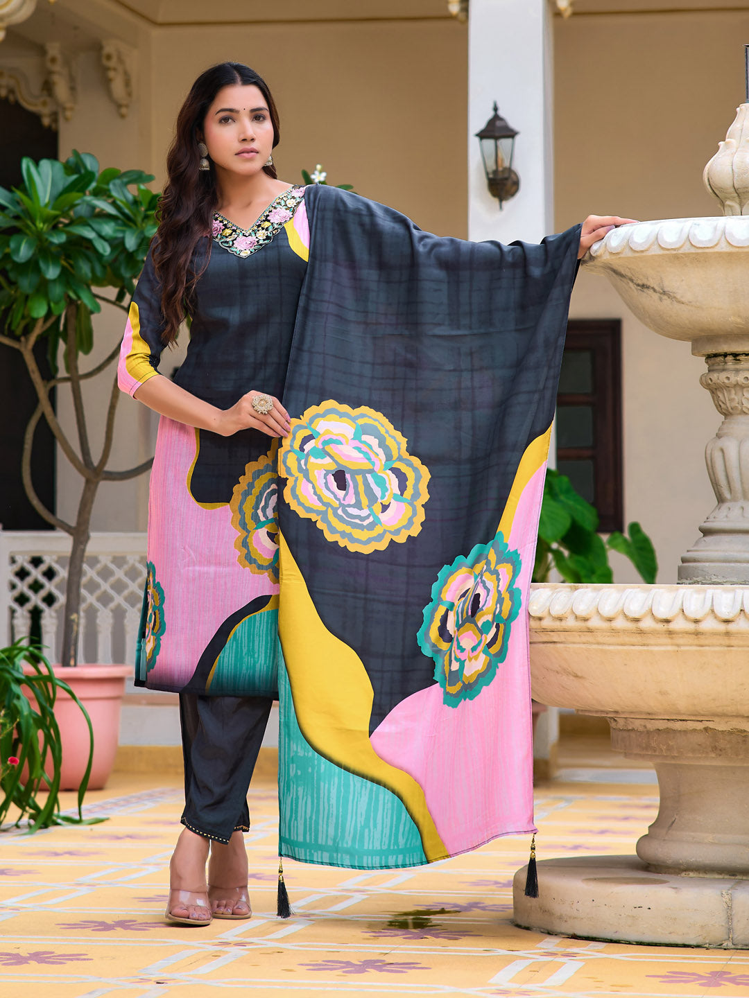 Embroidered & Floral Printed Kurta With Pant & Printed Dupatta, Lavender - Hiral Fashion
