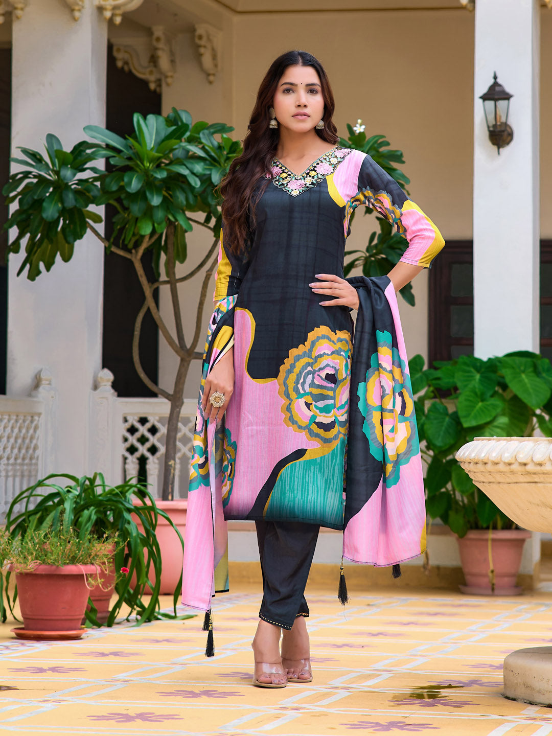 Embroidered & Floral Printed Kurta With Pant & Printed Dupatta, Lavender - Hiral Fashion