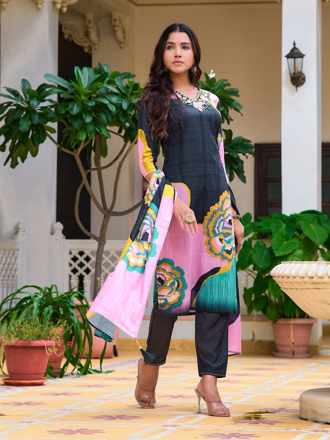 Embroidered & Floral Printed Kurta With Pant & Printed Dupatta, Lavender - Hiral Fashion