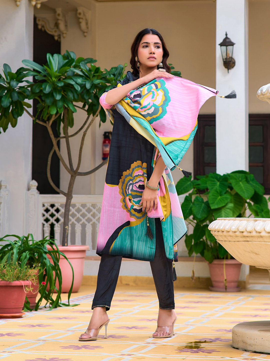 Embroidered & Floral Printed Kurta With Pant & Printed Dupatta, Lavender - Hiral Fashion