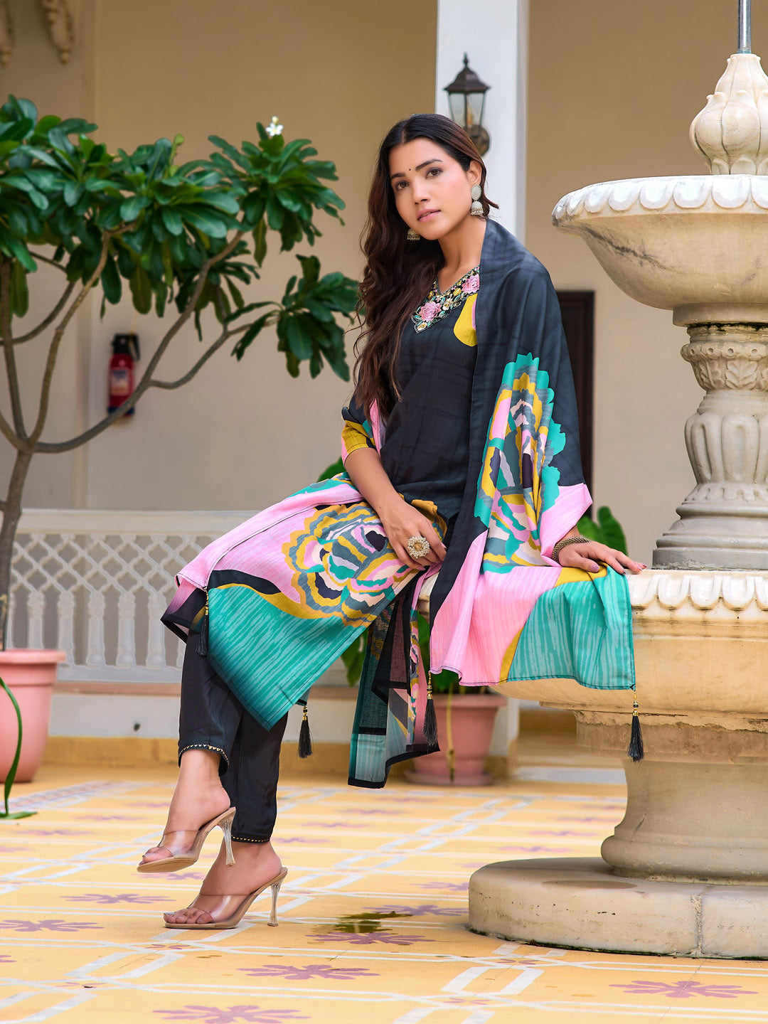 Embroidered & Floral Printed Kurta With Pant & Printed Dupatta, Lavender - Hiral Fashion