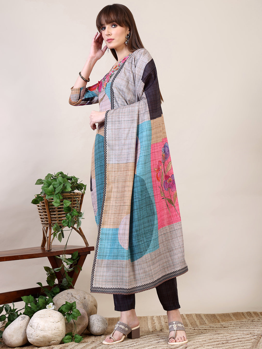 Embroidered & Printed Kurta With Pant & Dupatta, Multicolor - Hiral Fashion