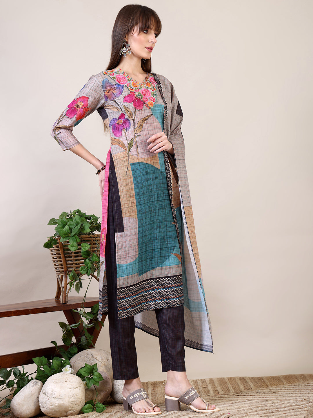 Embroidered & Printed Kurta With Pant & Dupatta, Multicolor - Hiral Fashion