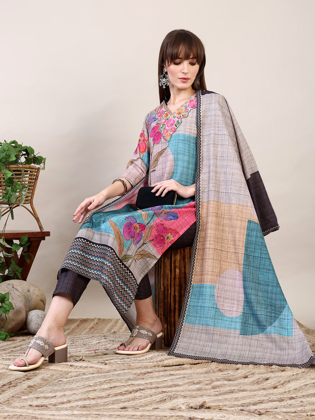 Embroidered & Printed Kurta With Pant & Dupatta, Multicolor - Hiral Fashion