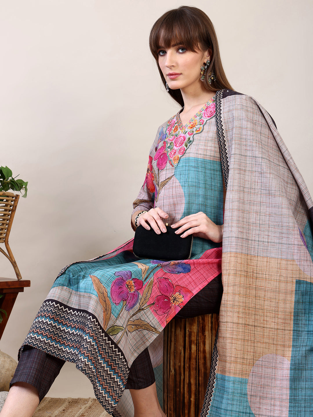 Embroidered & Printed Kurta With Pant & Dupatta, Multicolor - Hiral Fashion