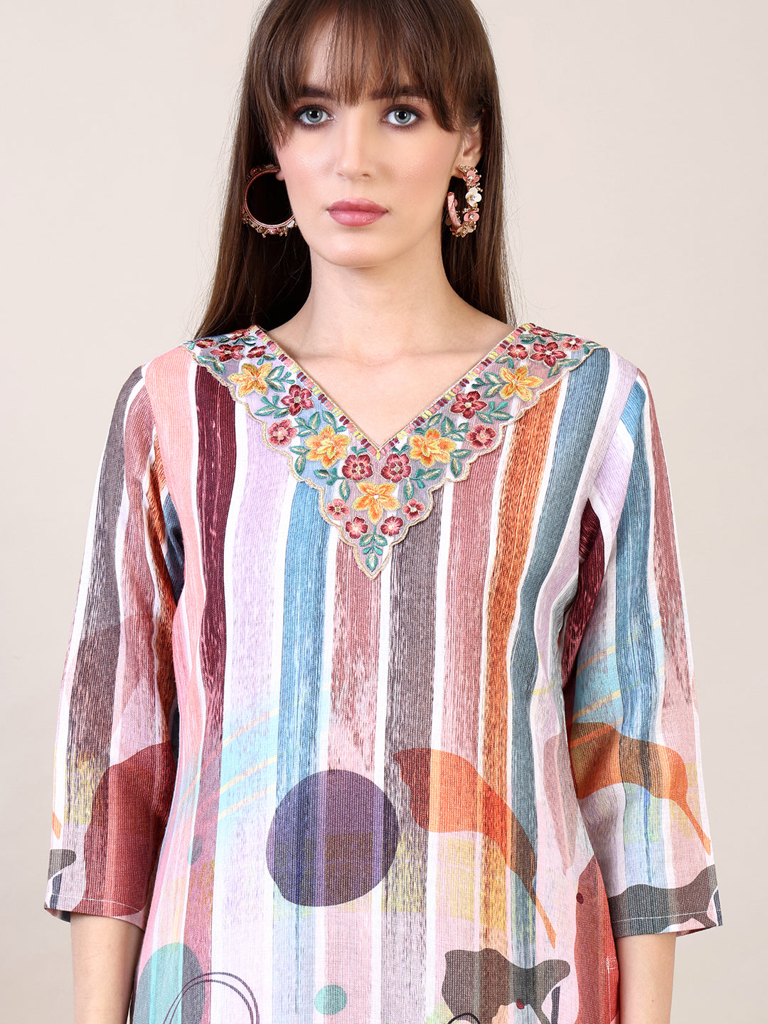Embroidered & Striped Floral Printed Kurta With Pant & Dupatta, Multicolor - Hiral Fashion