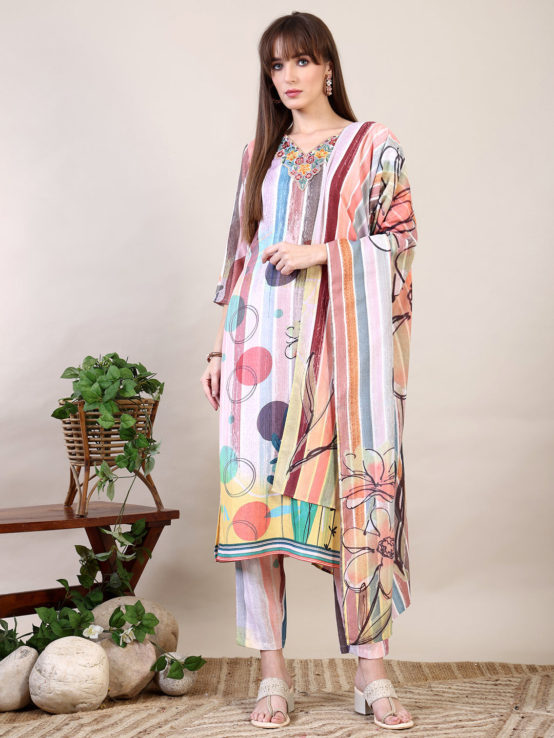 Embroidered & Striped Floral Printed Kurta With Pant & Dupatta, Multicolor - Hiral Fashion