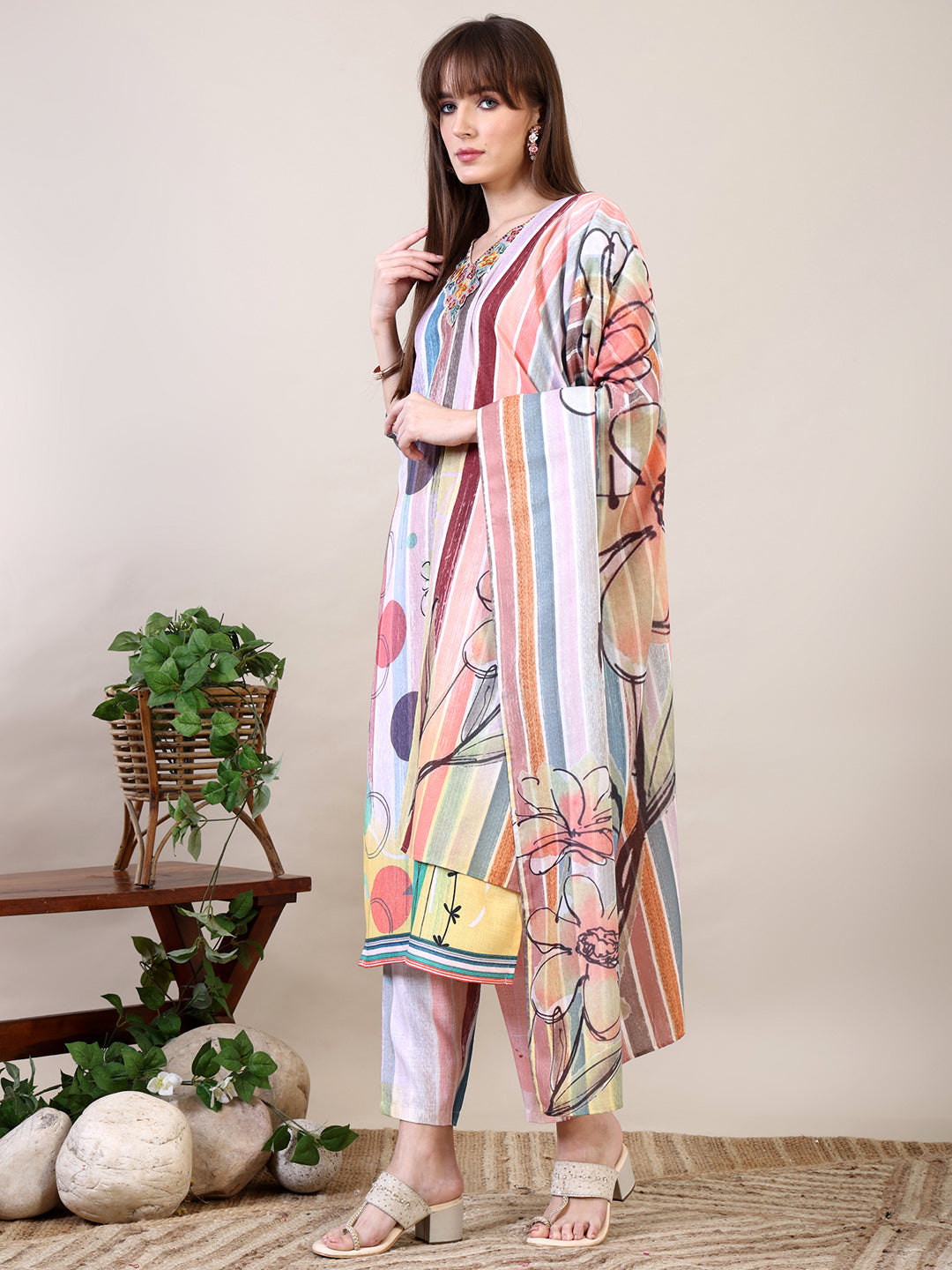 Embroidered & Striped Floral Printed Kurta With Pant & Dupatta, Multicolor - Hiral Fashion