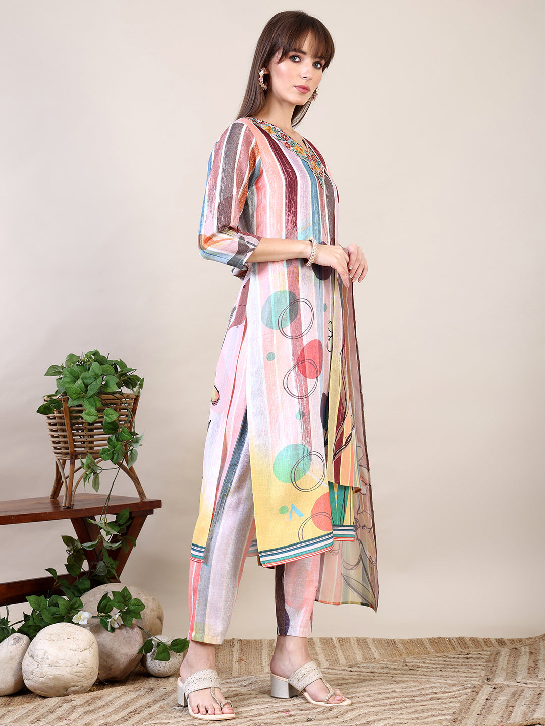 Embroidered & Striped Floral Printed Kurta With Pant & Dupatta, Multicolor - Hiral Fashion