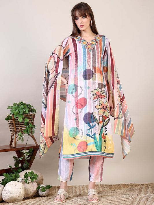 Embroidered & Striped Floral Printed Kurta With Pant & Dupatta, Multicolor - Hiral Fashion