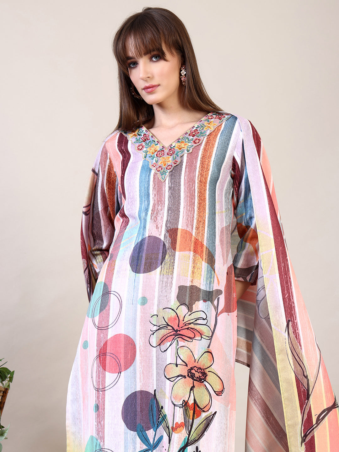 Embroidered & Striped Floral Printed Kurta With Pant & Dupatta, Multicolor - Hiral Fashion