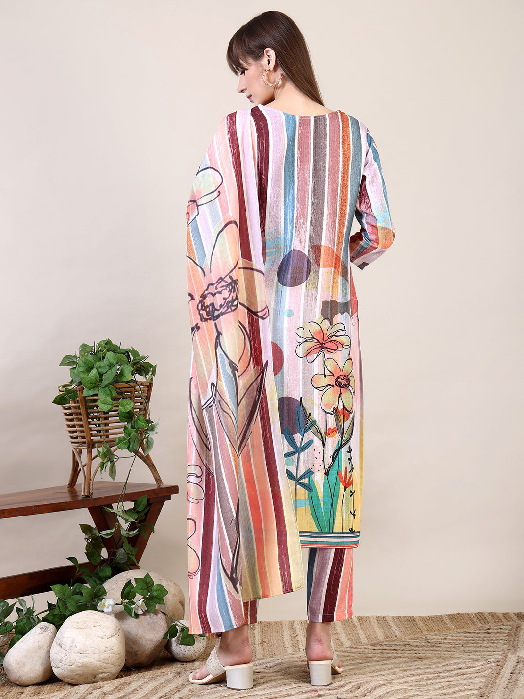 Embroidered & Striped Floral Printed Kurta With Pant & Dupatta, Multicolor - Hiral Fashion