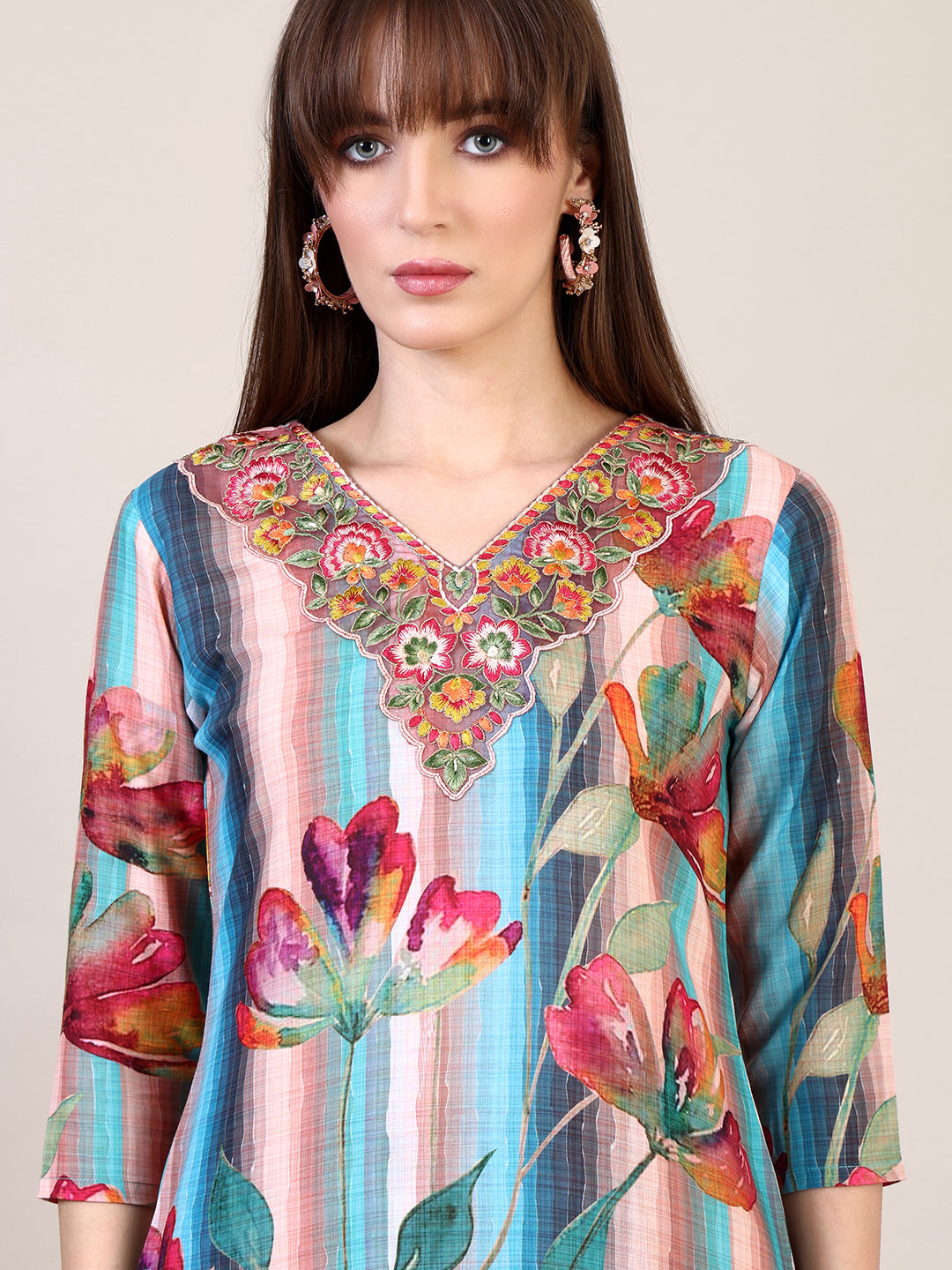 Embroidered & Floral Printed Kurta With Pant & Dupatta, Multicolor - Hiral Fashion