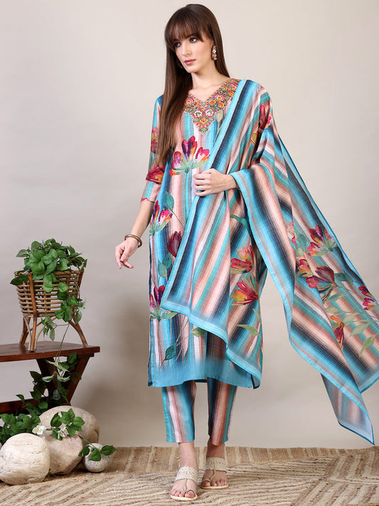 Embroidered & Floral Printed Kurta With Pant & Dupatta, Multicolor - Hiral Fashion