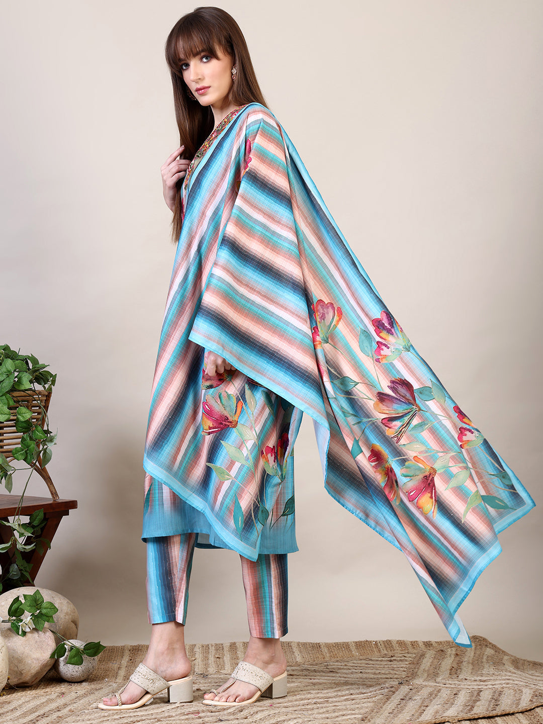 Embroidered & Floral Printed Kurta With Pant & Dupatta, Multicolor - Hiral Fashion