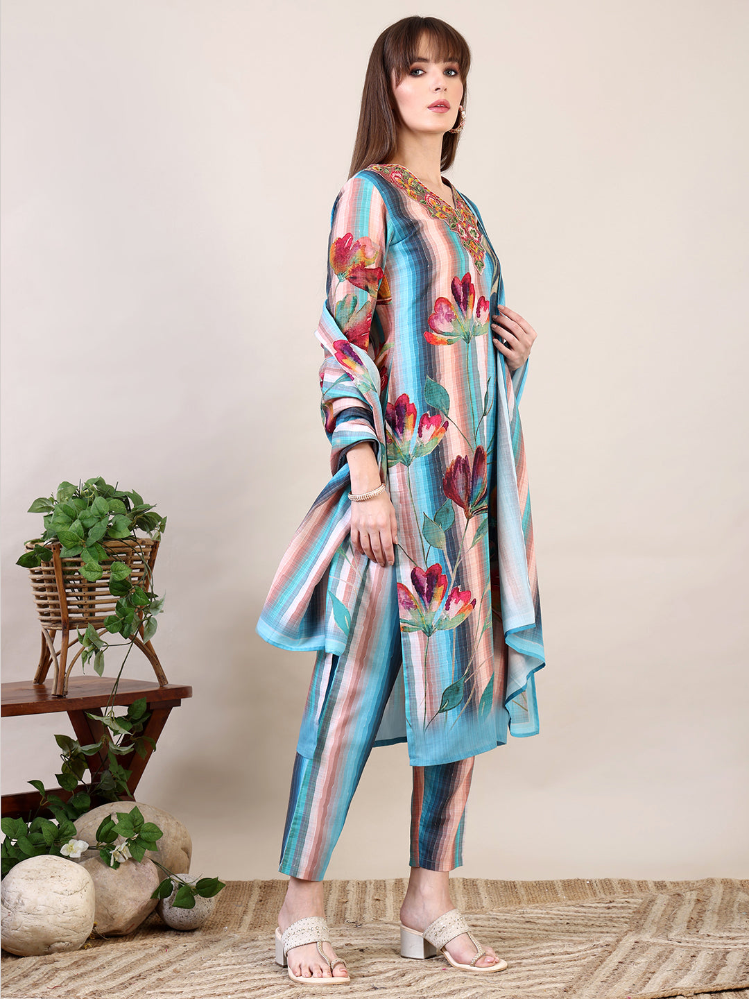 Embroidered & Floral Printed Kurta With Pant & Dupatta, Multicolor - Hiral Fashion