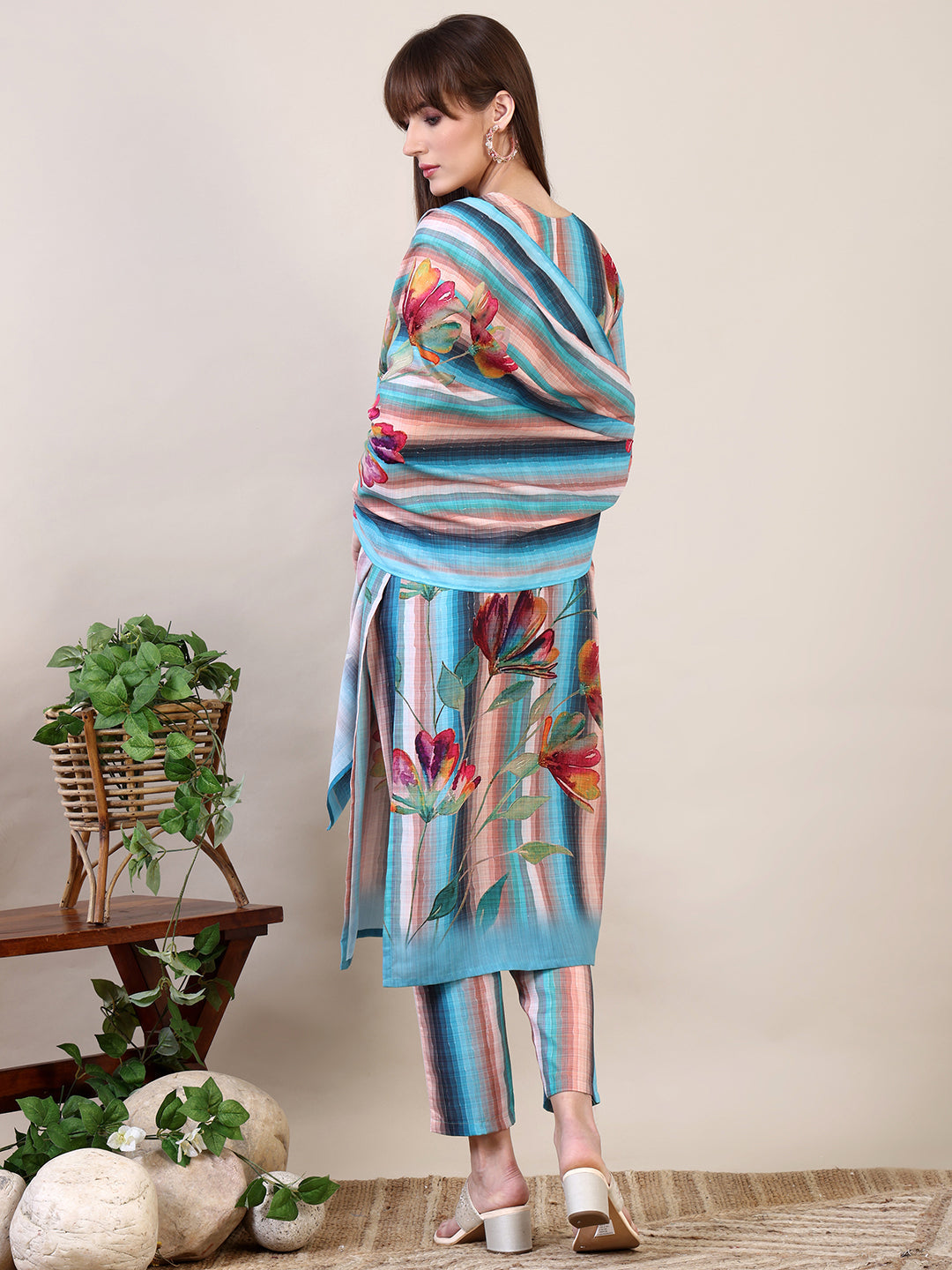 Embroidered & Floral Printed Kurta With Pant & Dupatta, Multicolor - Hiral Fashion