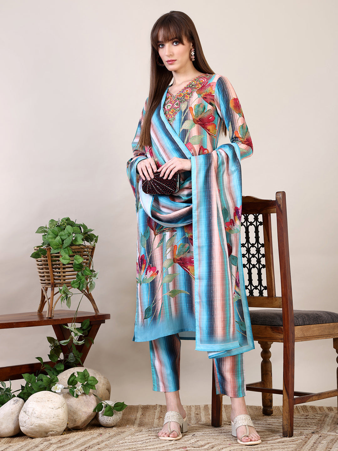 Embroidered & Floral Printed Kurta With Pant & Dupatta, Multicolor - Hiral Fashion