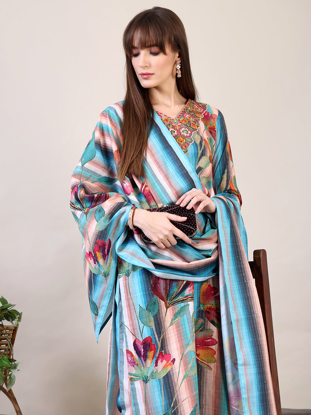 Embroidered & Floral Printed Kurta With Pant & Dupatta, Multicolor - Hiral Fashion