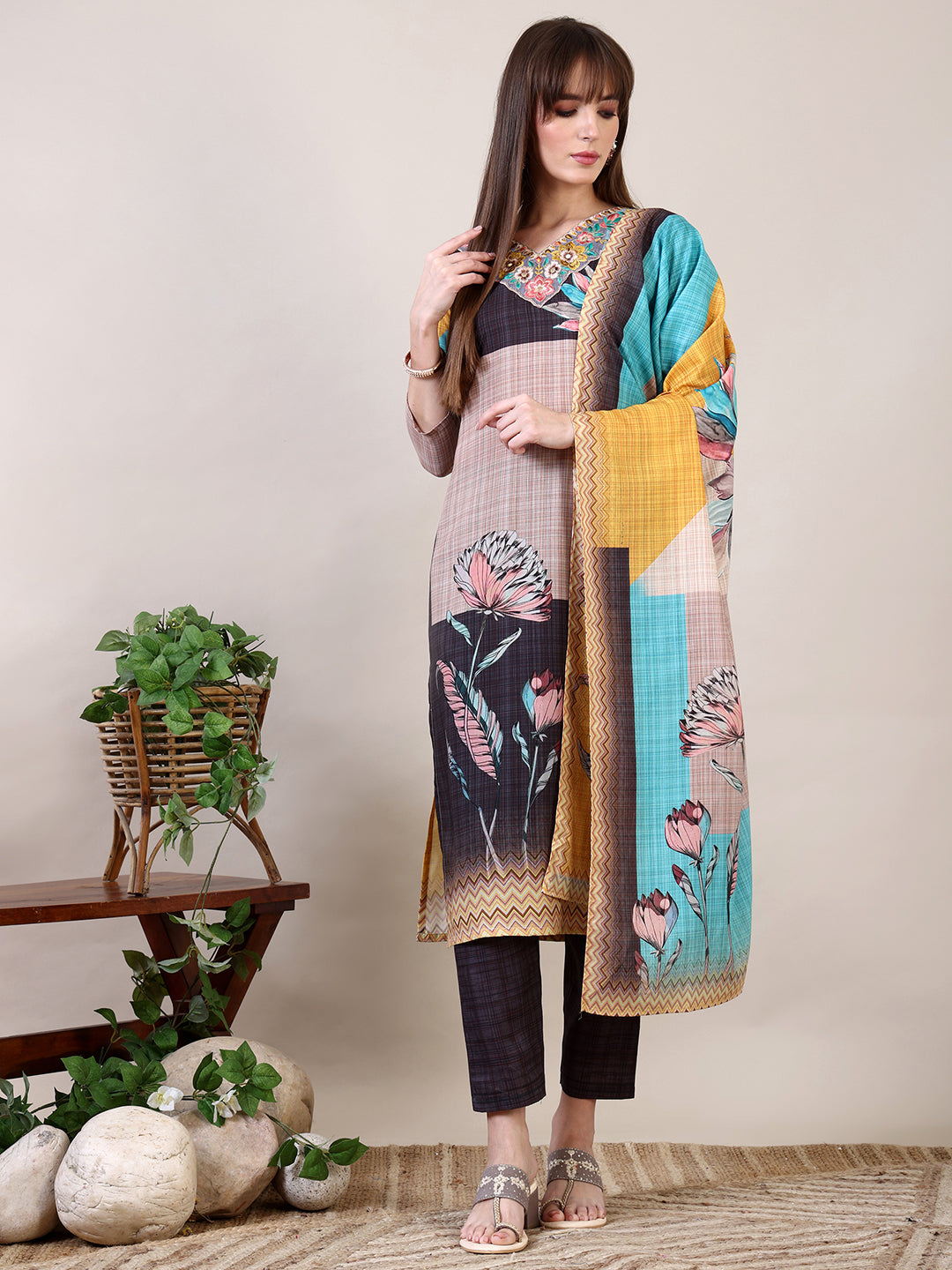 Embroidered & Printed Kurta With Pant & Dupatta, Multicolor - Hiral Fashion