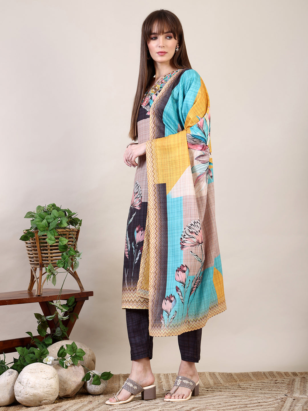 Embroidered & Printed Kurta With Pant & Dupatta, Multicolor - Hiral Fashion