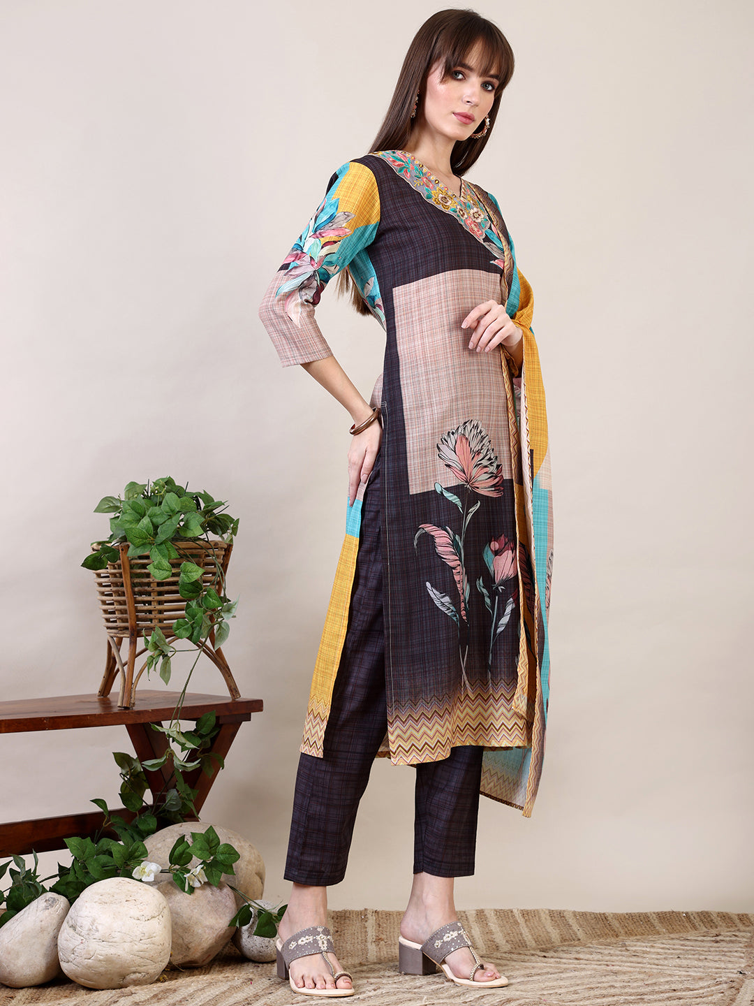 Embroidered & Printed Kurta With Pant & Dupatta, Multicolor - Hiral Fashion