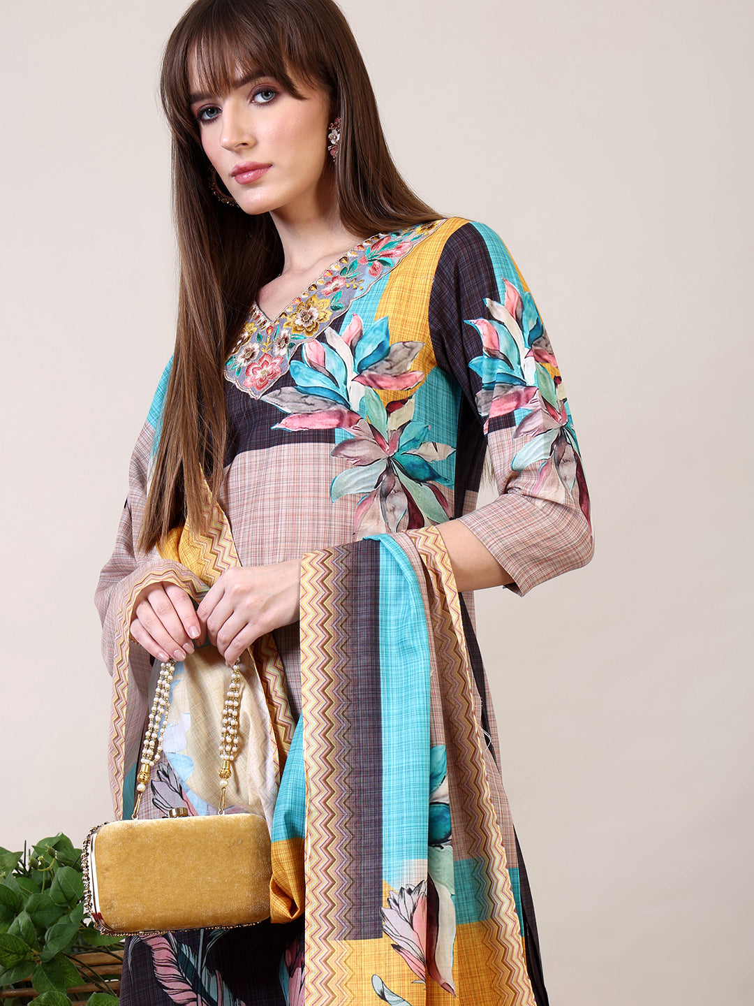 Embroidered & Printed Kurta With Pant & Dupatta, Multicolor - Hiral Fashion