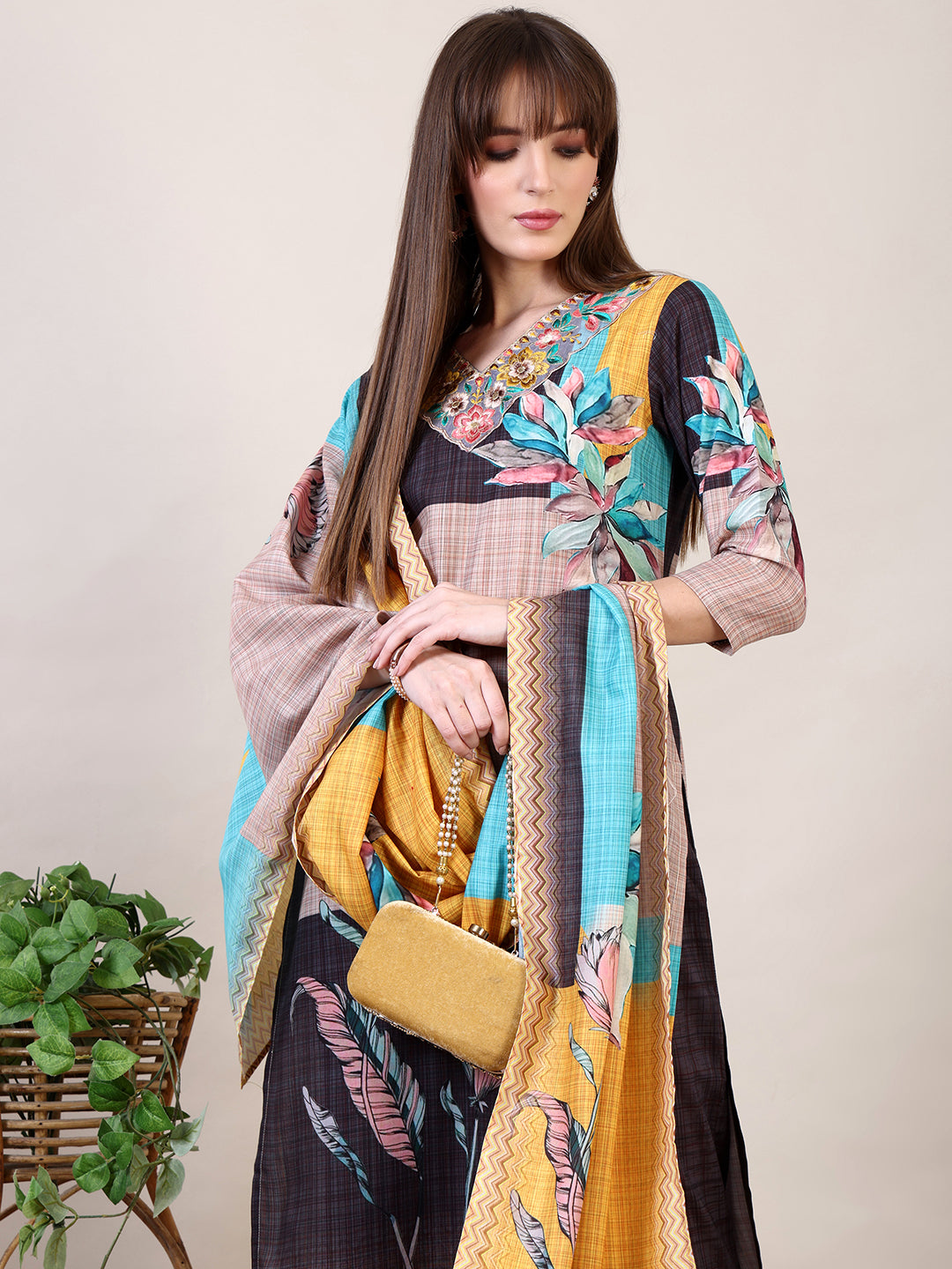 Embroidered & Printed Kurta With Pant & Dupatta, Multicolor - Hiral Fashion