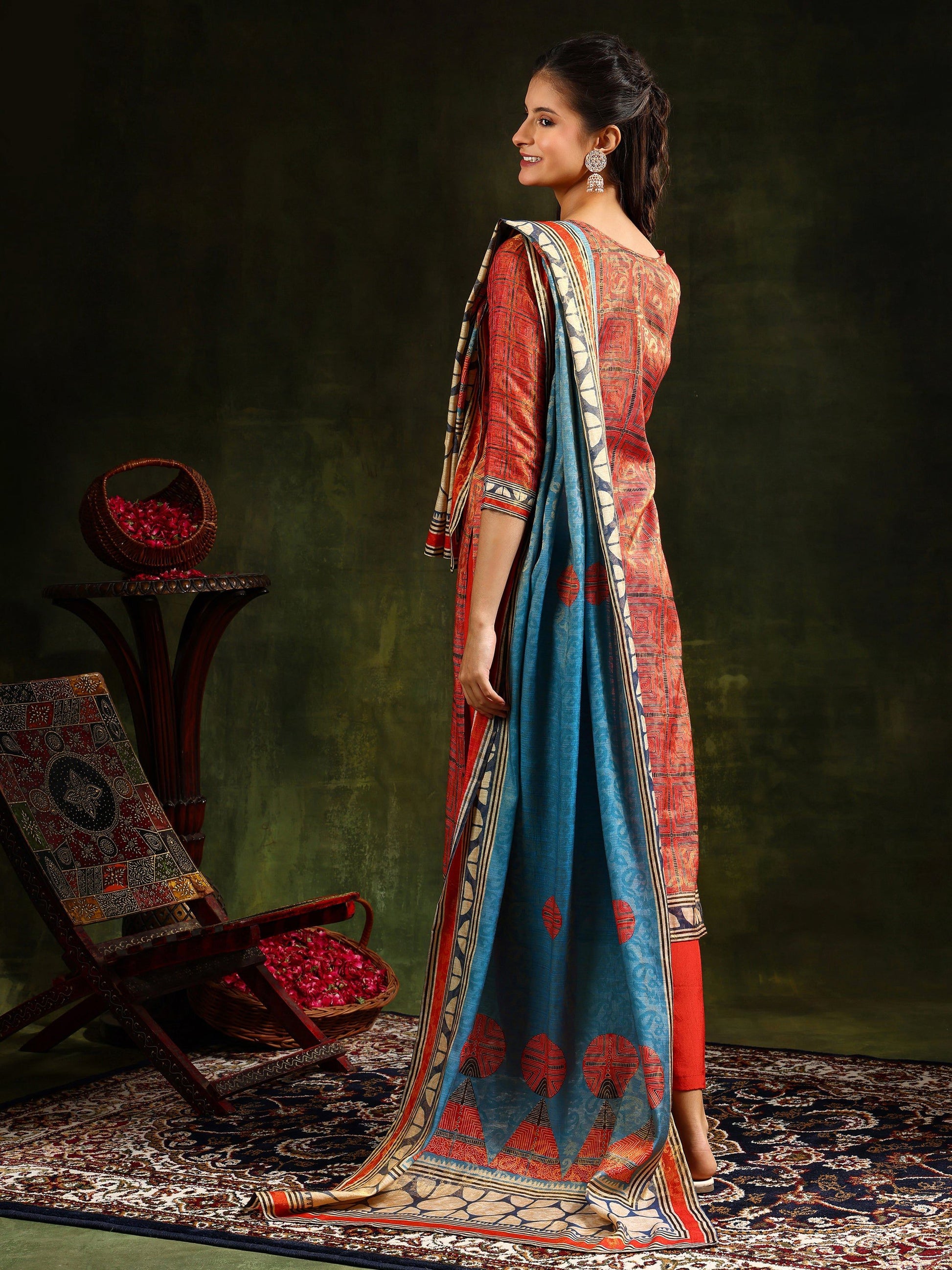 Hand Embroidered & Pure Silk Jacquard Kurta With Pant & Pure Silk Dupatta, Rust - Hiral Fashion