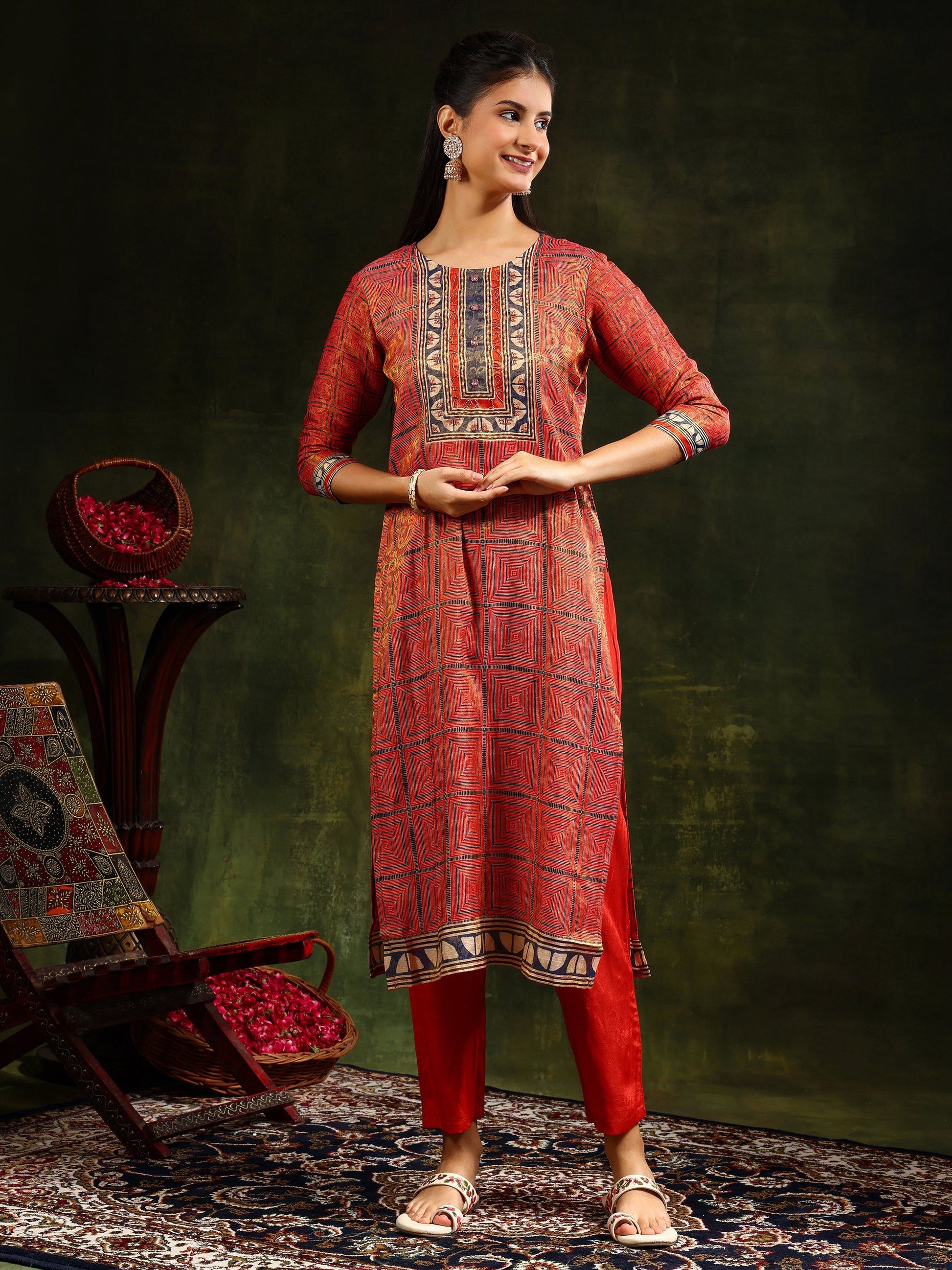 Hand Embroidered & Pure Silk Jacquard Kurta With Pant & Pure Silk Dupatta, Rust - Hiral Fashion