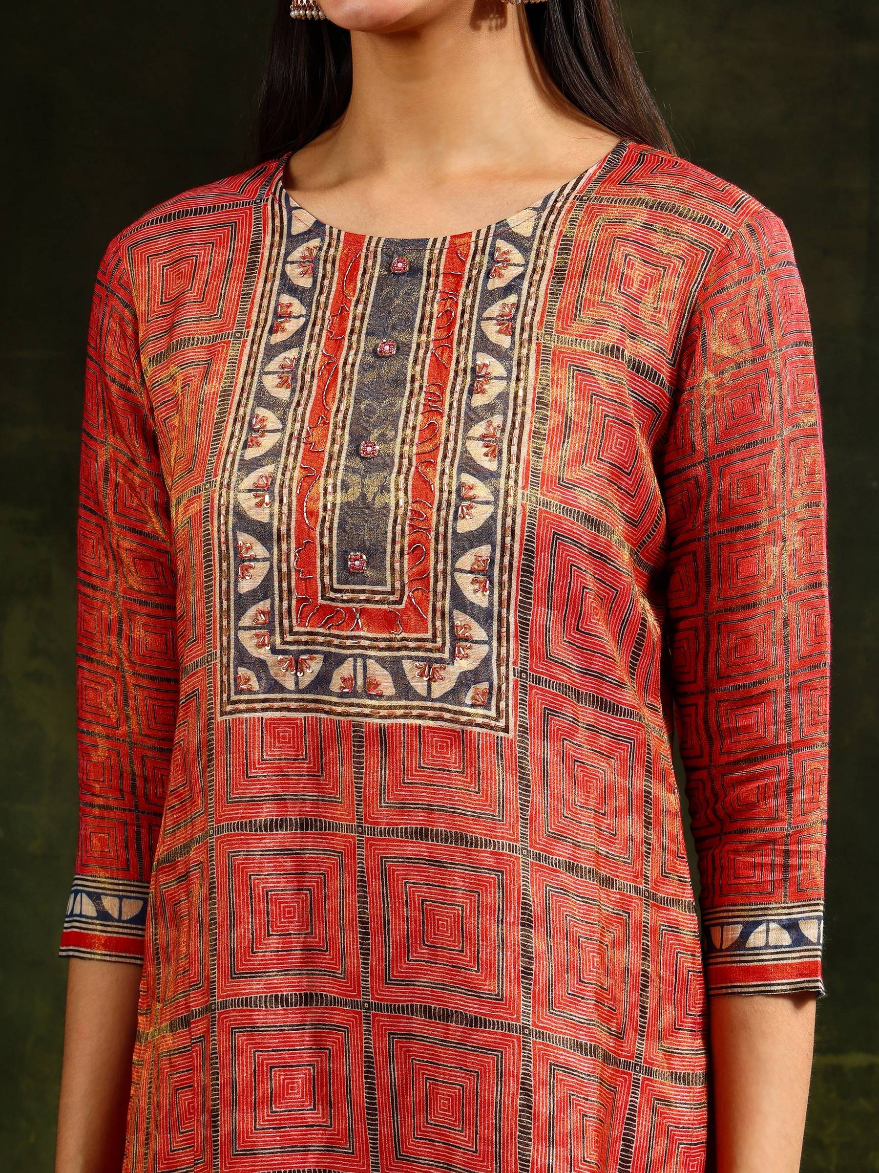 Hand Embroidered & Pure Silk Jacquard Kurta With Pant & Pure Silk Dupatta, Rust - Hiral Fashion