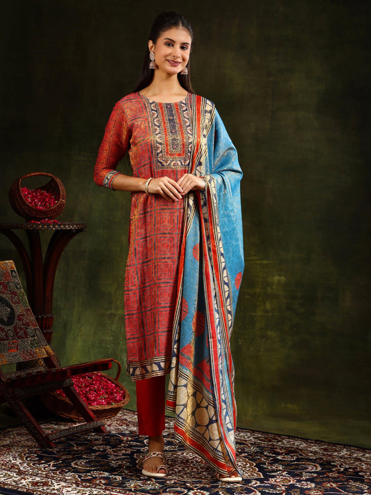 Hand Embroidered & Pure Silk Jacquard Kurta With Pant & Pure Silk Dupatta, Rust - Hiral Fashion